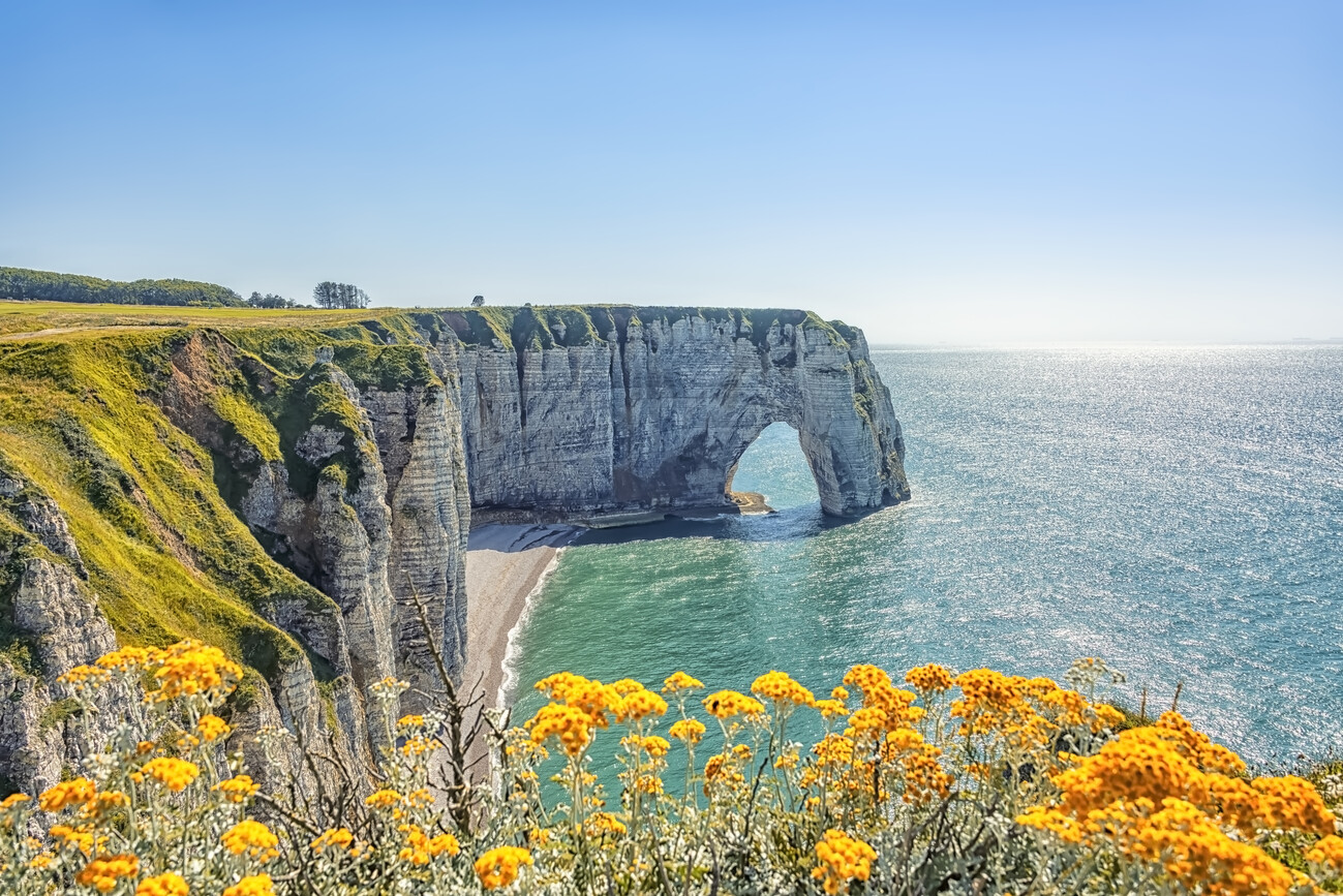 Les falaises d'Étretat vues depuis la plage, à dix minutes à pied de nos locations